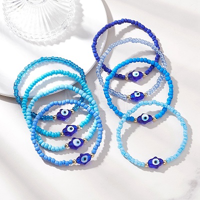 8Pcs Glass Seed Beads & Lampwork Beaded Stretch Bracelets for Women BJEW-MZ00263-1