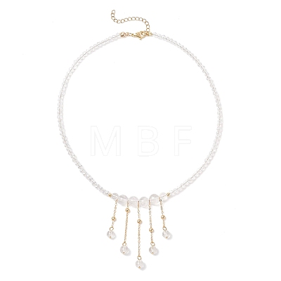 Round Natural Quartz Crystal & Glass Graduated Beaded Tassel Necklaces with Brass Cable Chains for Women NJEW-TA00236-1