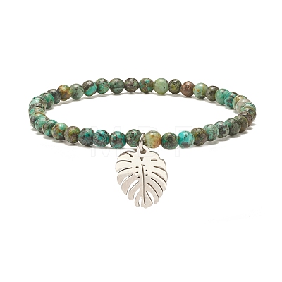 Natural Gemstone Round Beaded Stretch Bracelet with Leaf Charm BJEW-JB07587-1