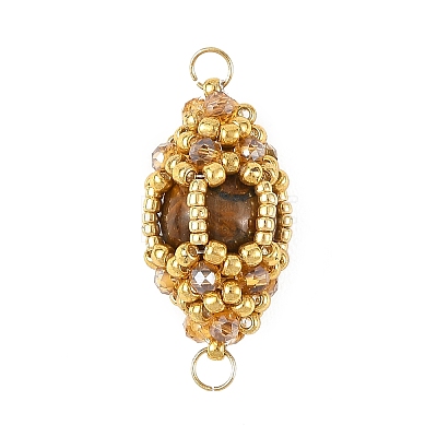 Natural Tiger Eye & Glass Seed Beads Connector Charms PALLOY-MZ01403-02-1
