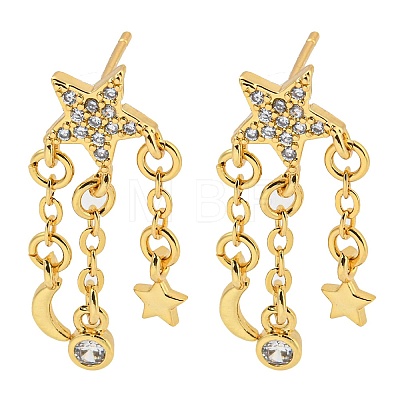 Clear Cubic Zirconia Moon and Star Dangle Stud Earrings EJEW-K090-01G-1
