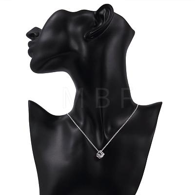 Silver Color Plated Brass Cubic Zirconia Cube Pendant Necklace NJEW-BB00455-1