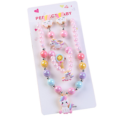 Cute Unicorn Alloy Plastic Children's Beaded Necklace & Bracelet & Cuff Ring & Clip-on Earring Jewelry Sets for Girl's FS-WGF4311-04-1