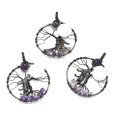 Natural Amethyst and White Shell Copper Wire Wrapped Big Pendants G-K404-01AB-1