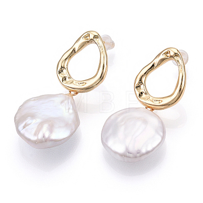 Natural Flat Round Baroque Keshi Pearl Dangle Stud Earrings PEAR-N020-L36-1