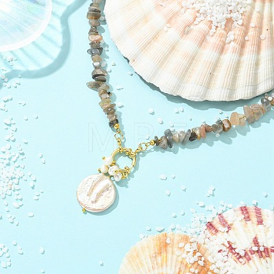 Ocean Natural Baroque Keshi Pearl Coin Pendant Natural Moonstone Chip Beaded Necklaces NJEW-JN06024-1