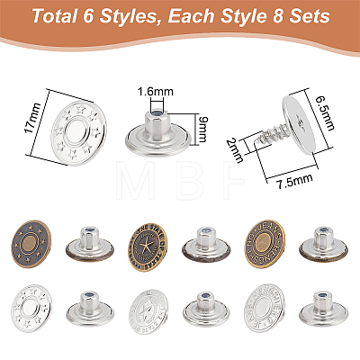 Unicraftale 48 Sets 6 Style Brass Button Pins for Jeans BUTT-UN0001-11-1