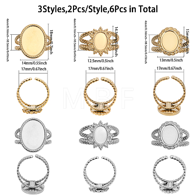 6Pcs 6 Style Sun & Oval 304 Stainless Steel Open Cuff Ring Settings RJEW-CA0001-09-1
