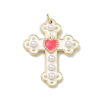 Brass Enamel with ABS Plastic Imitation Pearl Pendants KK-Z153-16G-01-1