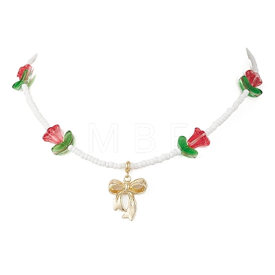 Alloy Bowknot Pendant Tulip Flower Glass Seed Beaded Necklaces for Women NJEW-MZ00148-01-1