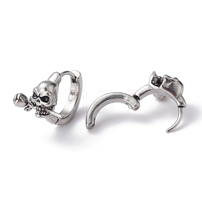 316 Stainless Steel Skull with Rose Hoop Earrings for Men Women EJEW-C045-01-1
