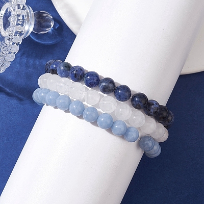 3Pcs 3 Styles Natural Mixed Gemstone Round Beaded Stretch Bracelets Set BJEW-JB10139-03-1