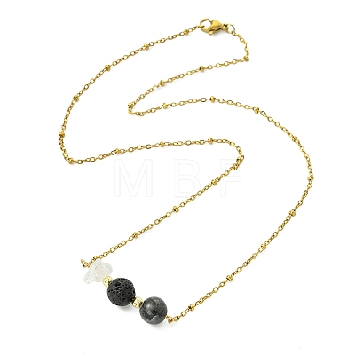 Round Natural Lava Rock & Larvikite & Natural Quartz Crystal Chip Beaded Pendant 304 Stainless Steel Satellite Chain Necklaces for Women NJEW-JN06158-01-1