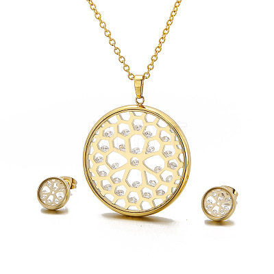 Hollow Round 304 Stainless Steel Cubic Zirconia & Glass Stud Earrings & Pendant Necklaces Sets FS-WG9AF8B-03-1