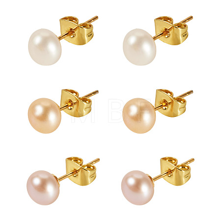6Pcs 3 Colors Natural Cultured Freshwater Pearl Stud Earrings EJEW-TAC00025-1