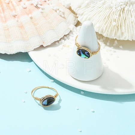 Oval Abalone Shell/Paua Shell Finger Rings RJEW-JR01032-1