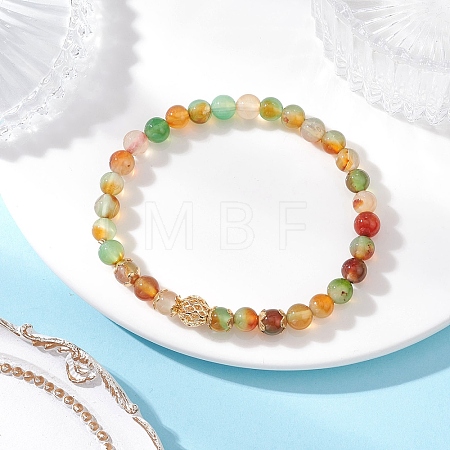 Natural Peacock Agate(Dyed & Heated) & Brass Round Beaded Stretch Bracelets for Women BJEW-JB12265-03-1