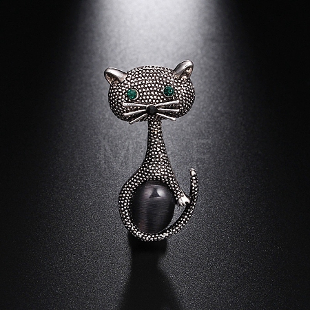 Cat Shaped Dyed Opalite & Rhinestone Brooch Pin PW-WG9719E-01-1