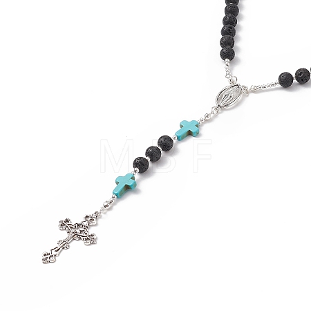 Natural Lava Rock & Synthetic Green Turquoise Rosary Bead Necklace NJEW-TA00041-02-1