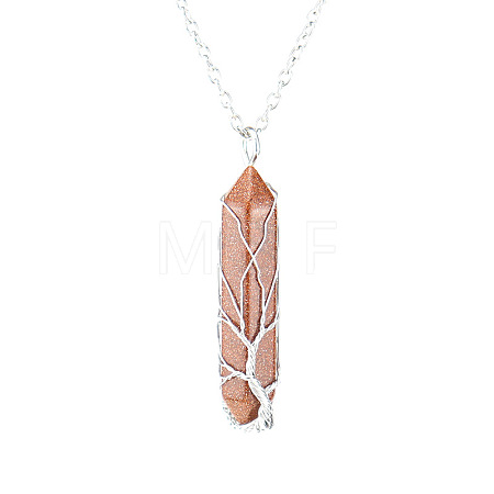 Synthetic Goldstone Double Terminal Pointed Faceted Bullet Copper Wire Wrapped Tree of Life Pendant Alloy Chain Necklaces FS-WG07FDC-12-1