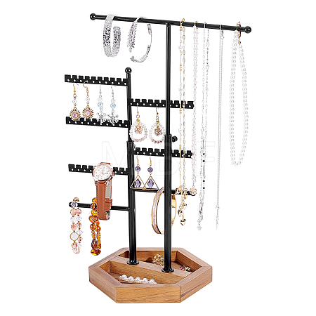8-Tier T Bar Iron Earring Organizer Display Stands with Hexagon Wood Trays EDIS-WH0022-46-1