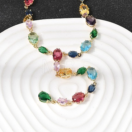 Brass Pave Colorful Cubic Zirconia Geometric Link Chain Necklaces NJEW-C111-03C-1
