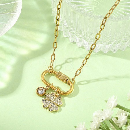 Brass Micro Pave Clear Cubic Zirconia Four Leaf Clover Pendant 304 Stainless Steel Paperclip Chain Necklaces with Screw Clasps NJEW-JN06498-1