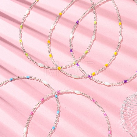 Rice Natural Shell and Round Glass Seed Beaded Necklaces for Women NJEW-MZ00153-1