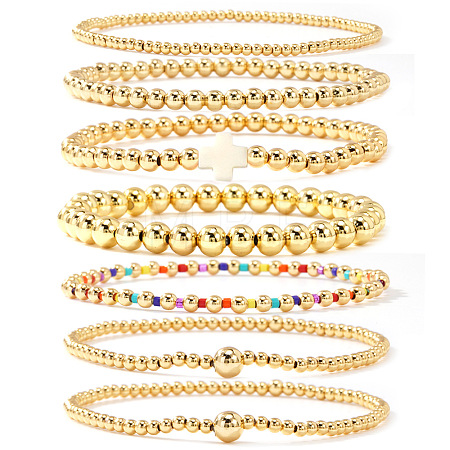 7Pcs Brass Round Beaded Bracelets for Women SB9067-4-1