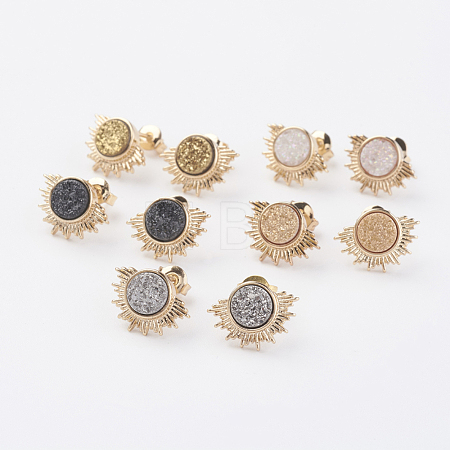 Electroplate Natural Druzy Agate Stud Earrings EJEW-F128-03-1