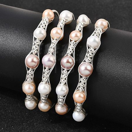 Brass Wire Wrapped Natural Pearl Cuff Bangles for Women BJEW-D453-01S-1