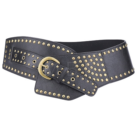 Retro Antique Bronze Alloy Rivets PU Leather Whide Waist Belts for Women AJEW-WH20098-075A-1