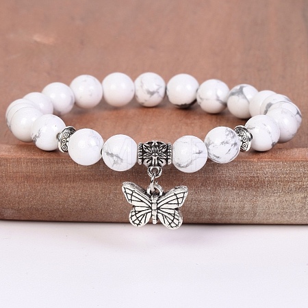 8MM Round Natural Howlite Beaded Stretch Bracelets with Alloy Butterfly Charms FQ7211-8-1