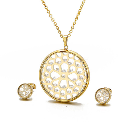 Hollow Round 304 Stainless Steel Cubic Zirconia & Glass Stud Earrings & Pendant Necklaces Sets FS-WG9AF8B-03-1