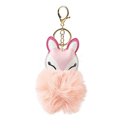 Imitation Rex Rabbit Fur Ball & PU Leather Fox Pendant Keychain KEYC-K018-04KCG-01-1