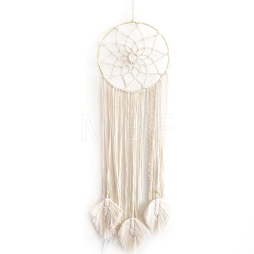 Woven Net/Web with Feather Cotton Macrame Wall Hanging PW-WG73356-01-1