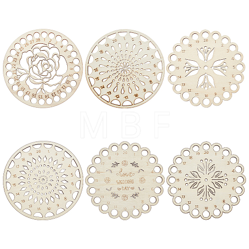 GOMAKERER 6Pcs 6 Styles Flat Round/Flower Wood Sewing Cross Stitch Embroidery Thread Storage Organizers AJEW-GO0001-68-1