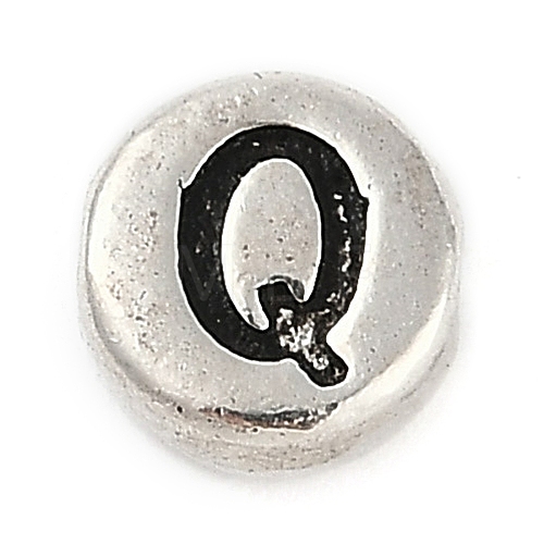 925 Sterling Silver Flat Round with Letter Beads STER-G044-01AS-Q-1