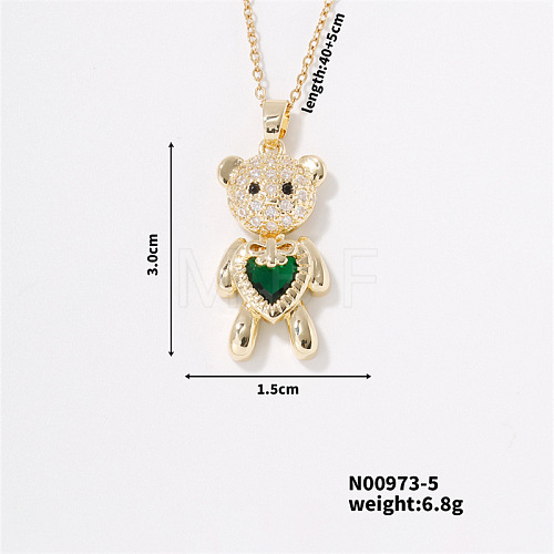 Fashionable Brass Pave Emerald Rhinestone Cable Chain Heart Bear Pendant Necklaces for Women XK4018-5-1