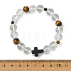 8MM Round Natural Quartz Crystal & Tiger Eye & Dyed Synthetic Turquoise Black Cross Beaded Stretch Bracelets for Women Men BJEW-TA00741-4