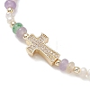 Brass Micro Pave Clear Cubic Zirconia Cross & Natural Pearl & White Jade Rondelle Beads Stretch Bracelets for Women BJEW-JB13114-01-3