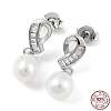 Anti-Tarnish Cubic Zirconia Bowknot with Natural Pearl Dangle Stud Earrings EJEW-F318-15P-1