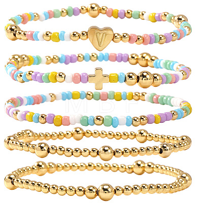Summer Stainless Steel Heart Alphabet Colorful Glass Seed Beaded Stretch Bracelet Sets JV8929-22-1