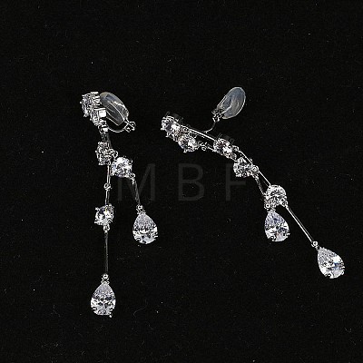 Brass Clear Cubic Zirconia Teardrop Tassel Clip-on Earrings FS-WG0D253-01-1