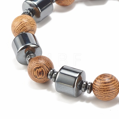 Natural Wood & Synthetic Hematite Beaded Stretch Bracelet BJEW-JB07937-1