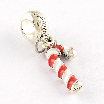 Antique Silver Plated Christmas Candy Cane Alloy Enamel European Dangle Charms ENAM-Q421-22-1
