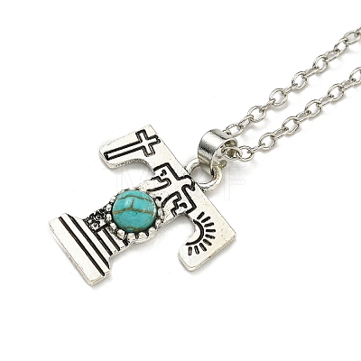 Letter A~Z Antique Silver Plated Alloy with Synthetic Turquoise Pendant Necklaces NJEW-G080-01T-1