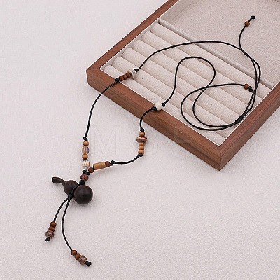 Wood Gourd Pendant Adjustable Braided Waxed Cord Necklaces with Porcelain Beads for Women WGF2CB3-01-1