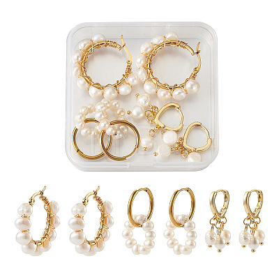 Kissitty 3 Pairs 3 Style Natural Pearl Beaded Hoop Earrings for Girl Women EJEW-KS0001-02-1