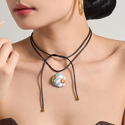 304 Stainless Steel Enamel Flat Round with Flower Pendant Slider Necklaces for Women WG77423-03-1